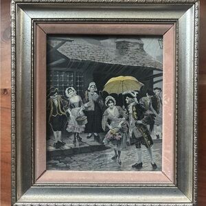 Neyret Ferres Embroidered Silk Tapestry. Courting Scene with Color. 8x9"